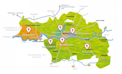 Carte des vignobles du Périgord (source :http://www.vins-bergerac.fr/)